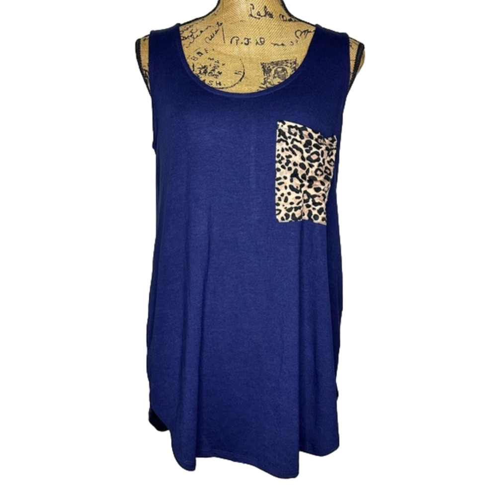 Zenana Navy Sleeveless Tank‎ Top Womens Medium Leopard Print Pocket New